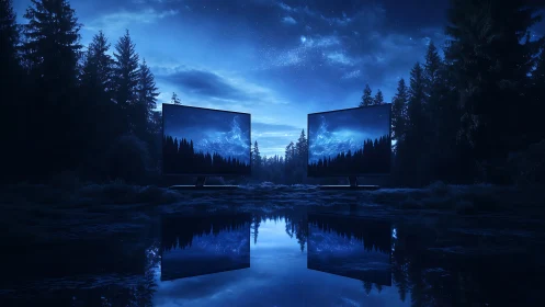 Twin forest screens echo starlit mountains across a blue lake