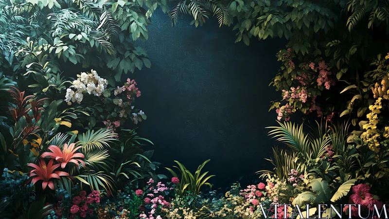 Twilight Garden Frame: Luminous Botanical Composition Against Deep Teal Background