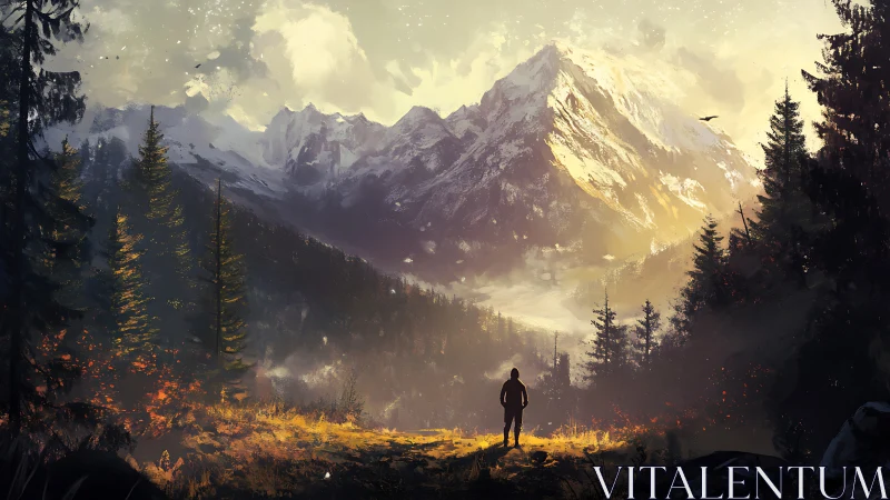 Lone hiker contemplates sunlit mountain peak at dawn.