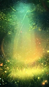 Enchanted forest clearing shimmers in golden and emerald light
