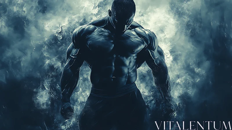 Monochrome muscular figure in dramatic atmospheric backlight
