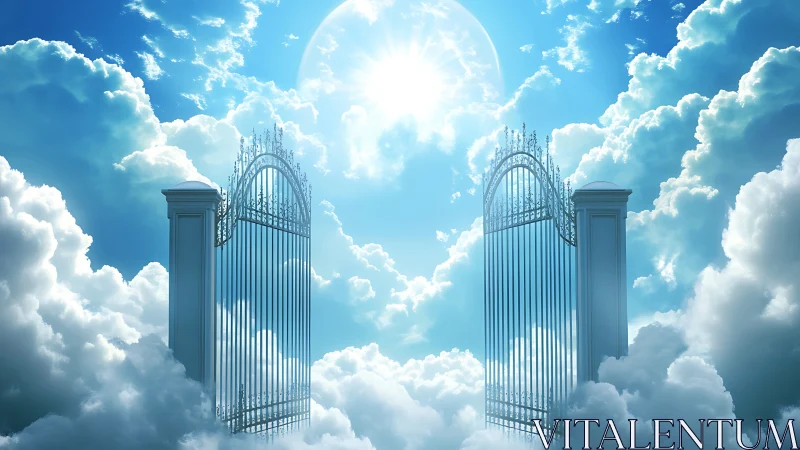 Radiant heavenly gates open in brilliant blue sky of clouds