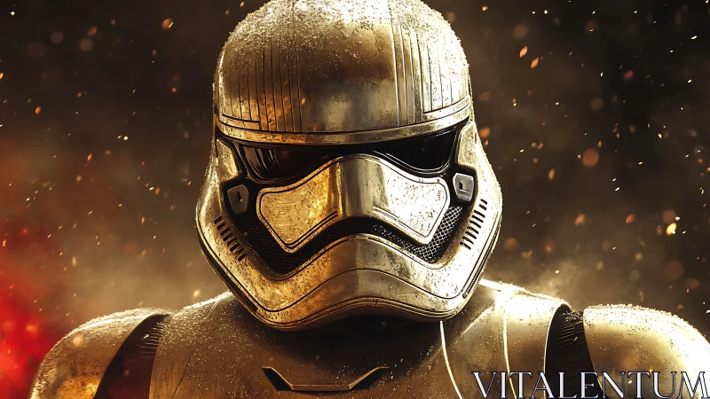 Armored sci fi soldier helmet under drifting embers and frost