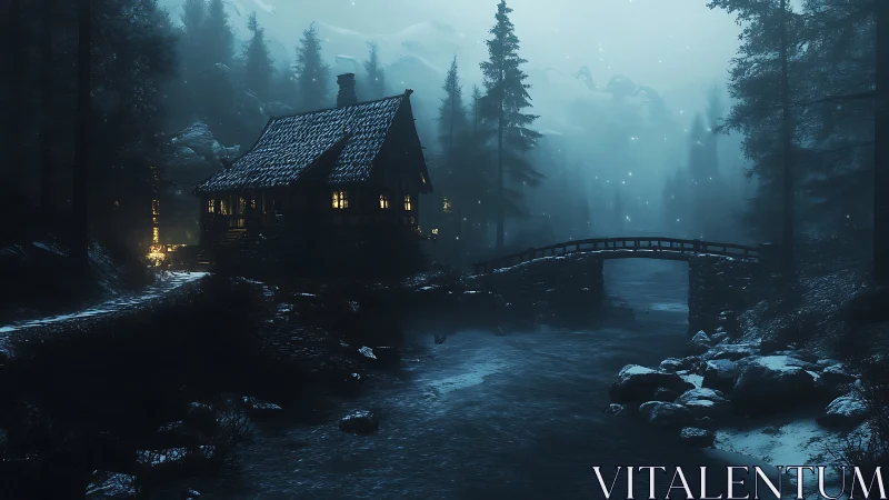 Snowy forest cabin glows beside misty river bridge