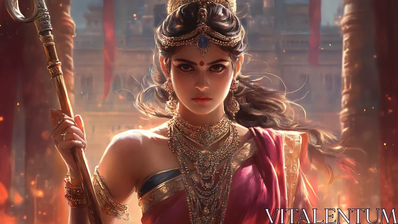 Regal warrior princess rendered with dramatic rim lighting and jeweled detail