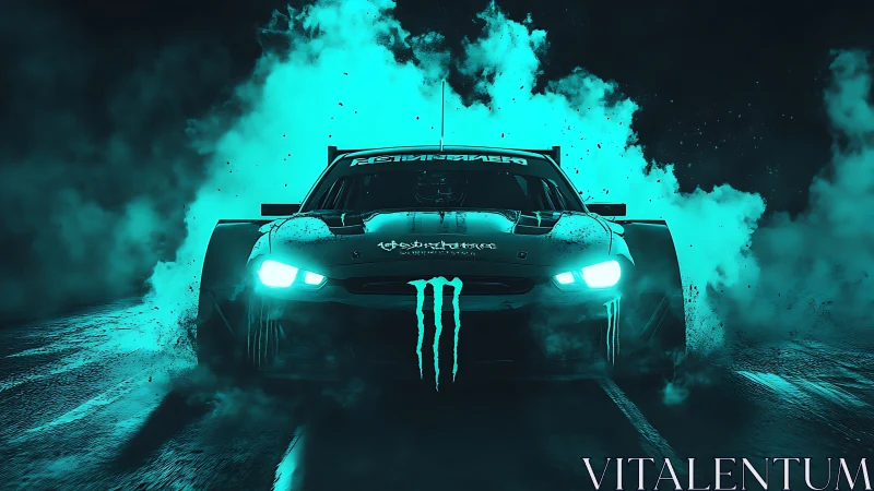 Neon teal race car in smoke on dark road at night.