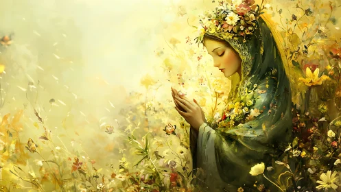 Floral-cloaked woman in luminous golden botanical field.
