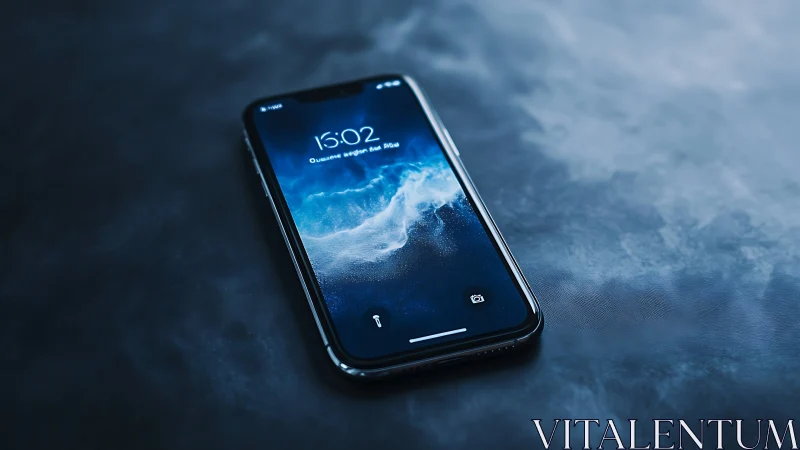 Premium smartphone displaying dynamic wave lockscreen. Minimalist product composition.