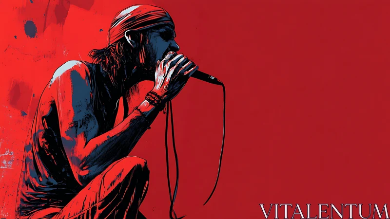 Crimson stage moment with a passionate rock vocalist.