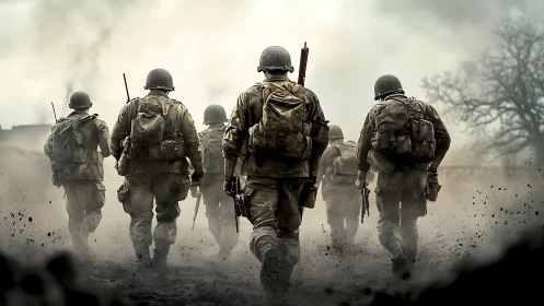 Infantry soldiers advance through dense battlefield smoke.