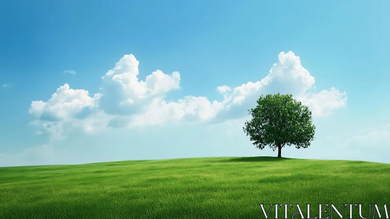 Solitary Green Tree on Grassy Hill Under Bright Blue Sky.