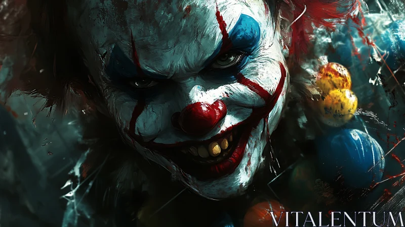 Sinister clown portrait with smeared makeup and sharp glare.