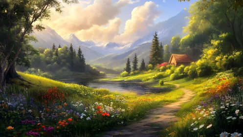 Digital pastoral valley with lakeside cottage and wildflowers.