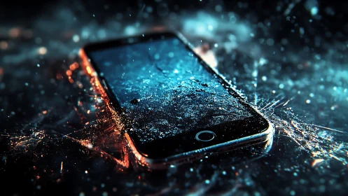 Damaged smartphone lying on wet reflective surface at night.