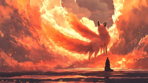 Volumetric fire-kitsune apparition confronting cloaked observer.