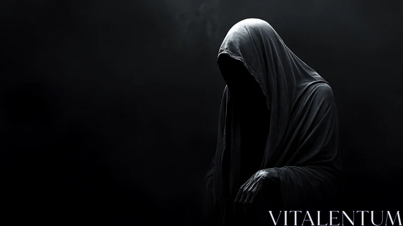 Hooded spectral figure in low key monochrome digital rendering