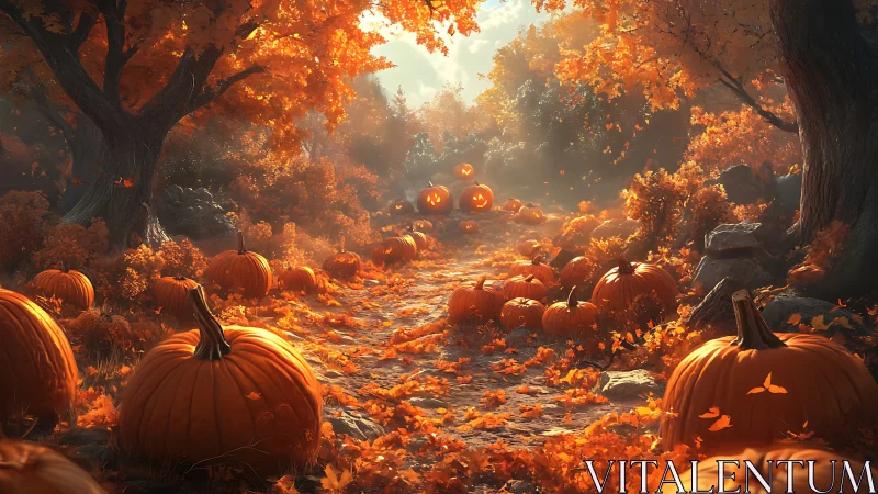Autumn Pumpkin Pathway Through Ancient Trees.