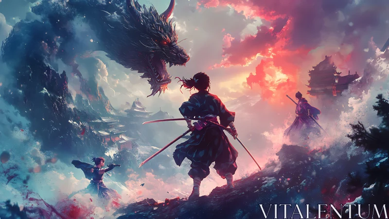 Samurai stand against stormbound dragon over misty temples.