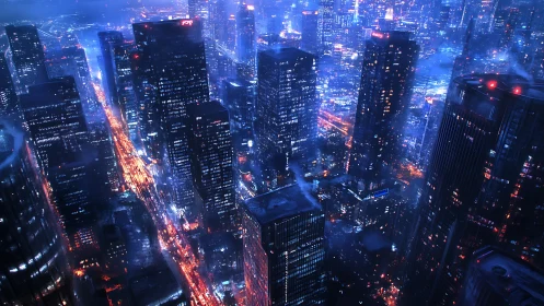Futuristic night city skyline with dense neon traffic.