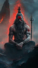 Fiery ascetic warrior meditates amid volcanic smoke and embers