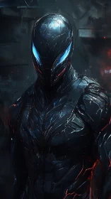 Midnight cyber guardian with glowing electric gaze.