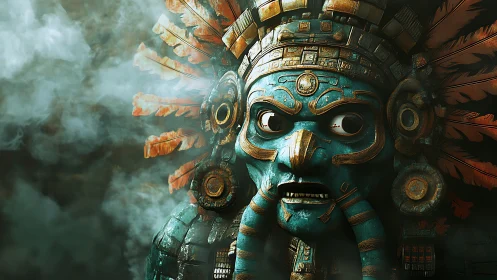 Storm-eyed turquoise war mask snarling through jungle fog.