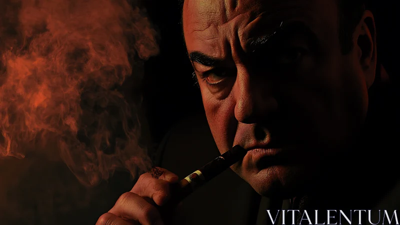 Brooding cigar smoker in dramatic low key portrait lighting.