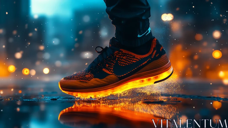 Illuminated running shoe impacts wet asphalt with glowing sole
