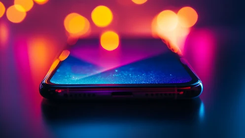 Modern smartphone closeup with colorful bokeh lights.