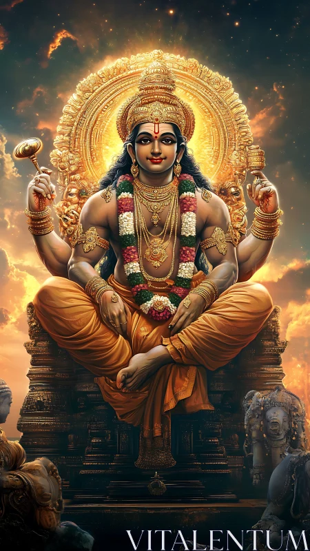 Radiant Hindu deity enthroned amid golden celestial aura.