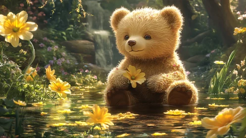 Digital painting of teddy bear in luminous floral pond scene.