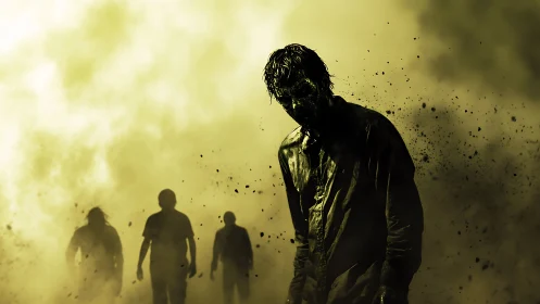 Decomposed humanoid silhouettes in toxic atmospheric backscatter.