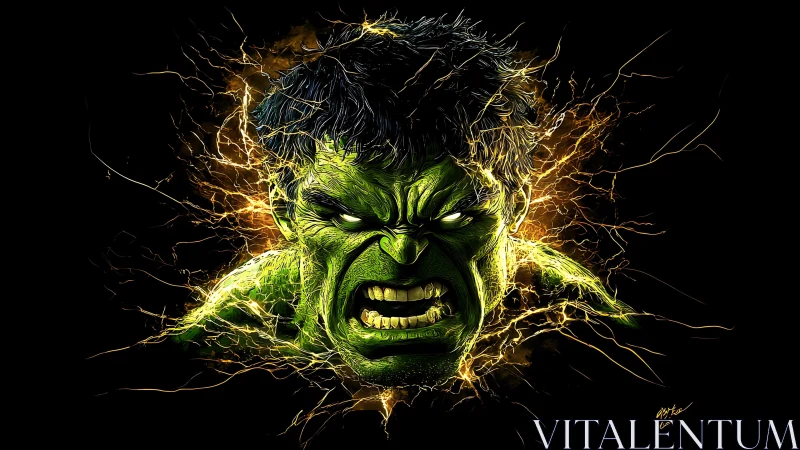 Raging green titan erupts through crackling neon darkness.