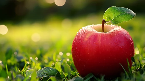 Single red apple rests on wet grass in soft evening light