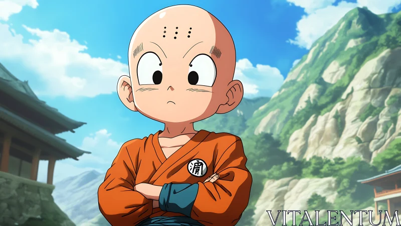 Determined young monk in orange gi before sunlit mountains.