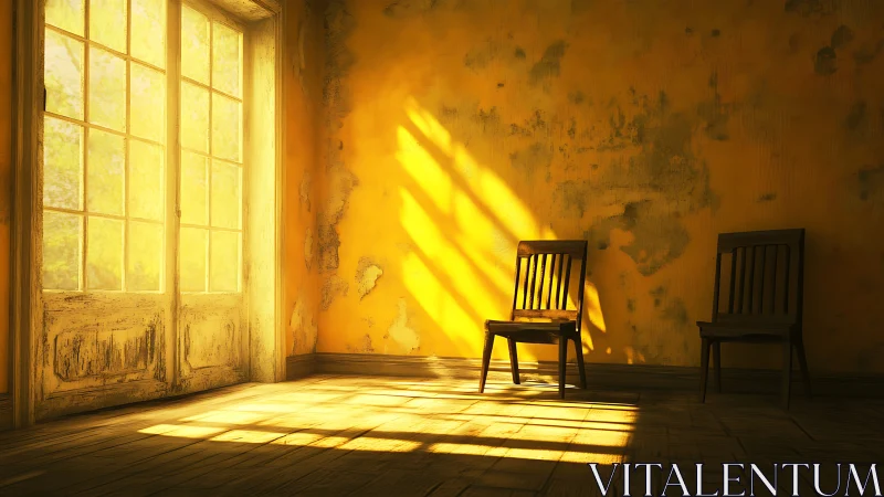 Sunlit worn room with three wooden chairs and yellow walls.