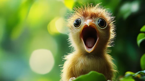 Surprised baby bird in lush forest, vibrant and whimsical style.