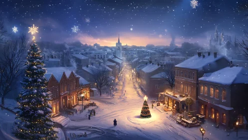 Snowy village street wrapped in twinkling Christmas glow.