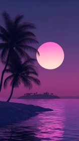 Tropical Sunset Seascape with Silhouetted Palm and Lunar Orb.