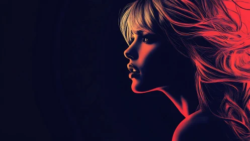 Luminous side profile in neon red and shadowed contrast.