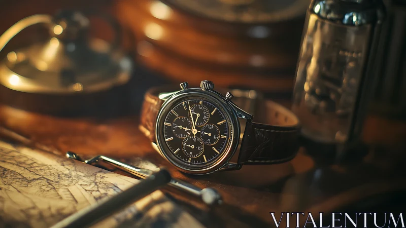 Photorealistic vintage chronograph on desk with warm bokeh lighting.