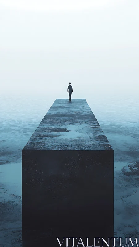 Solitary figure stands on long dark platform over water.
