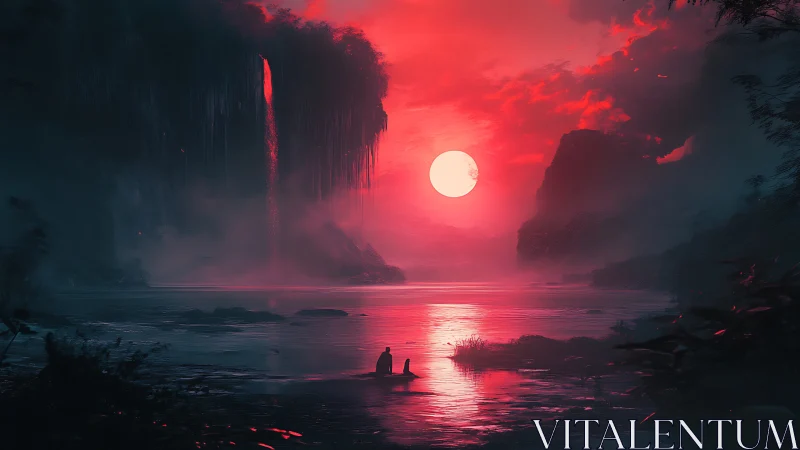 Crimson moonrise over mistfall lake and silent watcher.