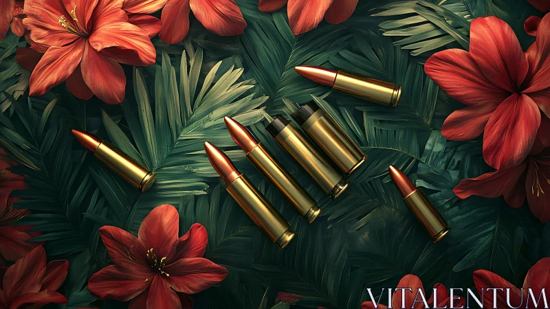 Ammunition Garden: Metallic Rounds Bloom Among Crimson Petals.