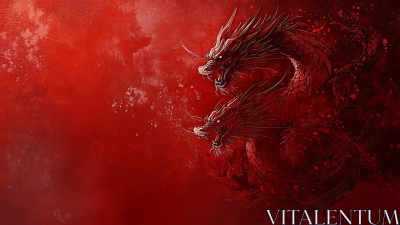 Digital painting of twin crimson dragons on textured field.
