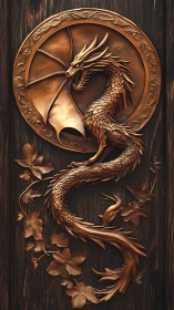 Bronze dragon relief curling across dark wood panel.