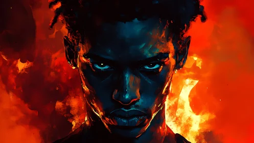 Storm-eyed fireborn warrior framed in molten twilight.