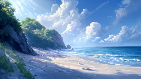 Sunlit tropical cove shows bright surf under towering clouds