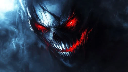 Demonic skull visage with red bioluminescent eyes and teeth
