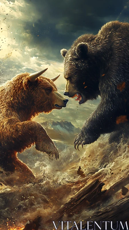 Bull and bear clash in stormy, dynamic wilderness scene.